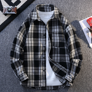 春秋新款青少年时尚潮流大码格子衬衫撞色翻领男生百搭款衬衣外套