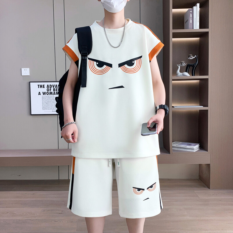 夏季新款青少年美式痞帅时尚套装宽松无袖潮牌印花男生百搭两件套