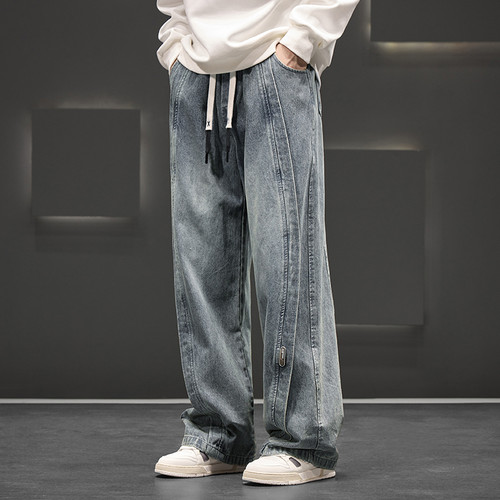 春秋新款青少年潮牌时尚牛仔裤宽松大码舒适百搭款男生直筒长裤