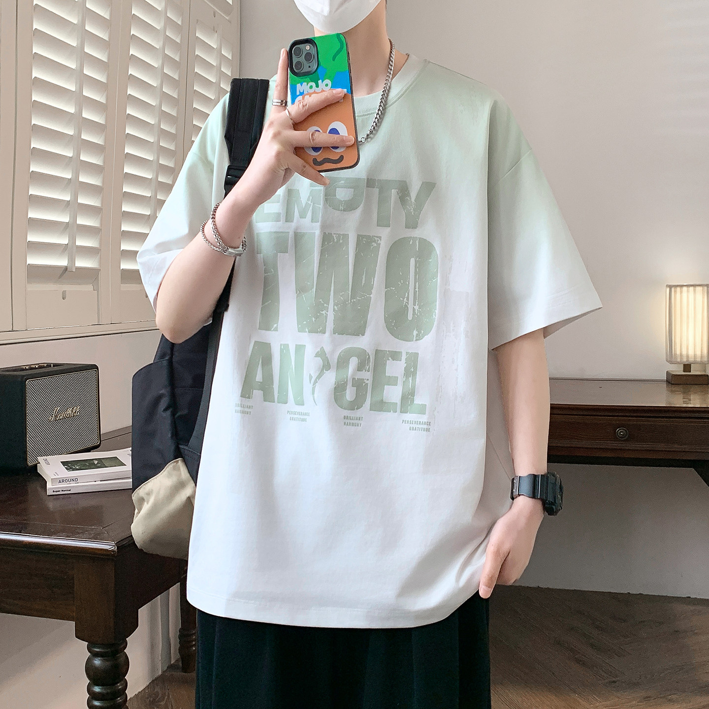 夏季学生短袖美式韩系个性潮流做旧字母设计青少年宽松舒适t恤