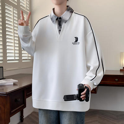 秋季新款青少年假两件翻领卫衣潮牌字母印花男生撞色拼接百搭上衣