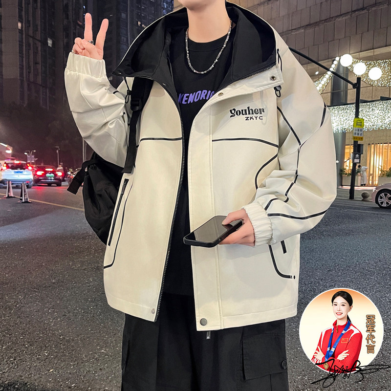 春秋上新青少年连帽夹克时尚潮流字母印花宽松百搭男生防风外套