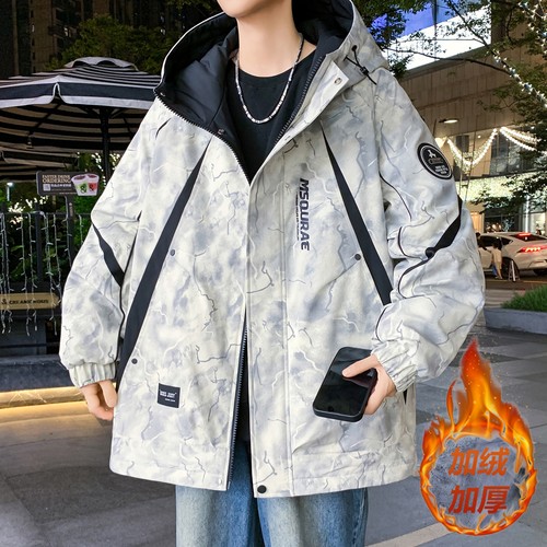 潮牌青少年重磅冬新款时尚扎染加绒加厚连帽夹克宽松个性百搭外套