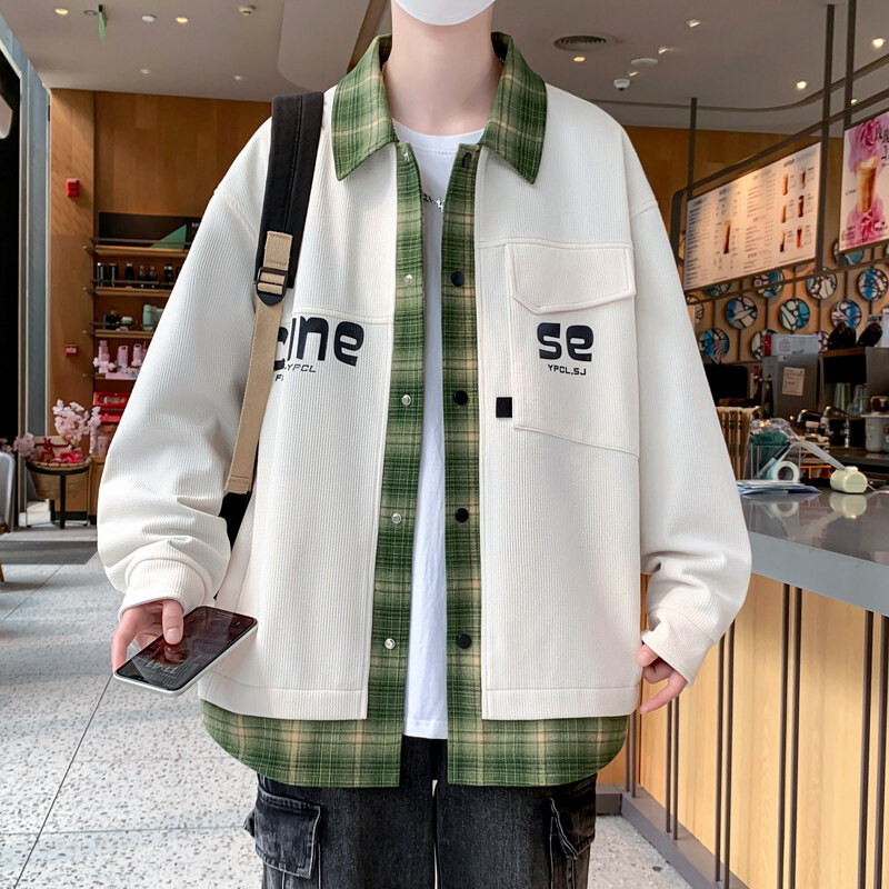 2025春秋新款青少年男生衬衫领假两件外套美式休闲学生百搭款夹克,男装,夹克,淘宝优惠券,粉丝福利购,淘宝优惠卷