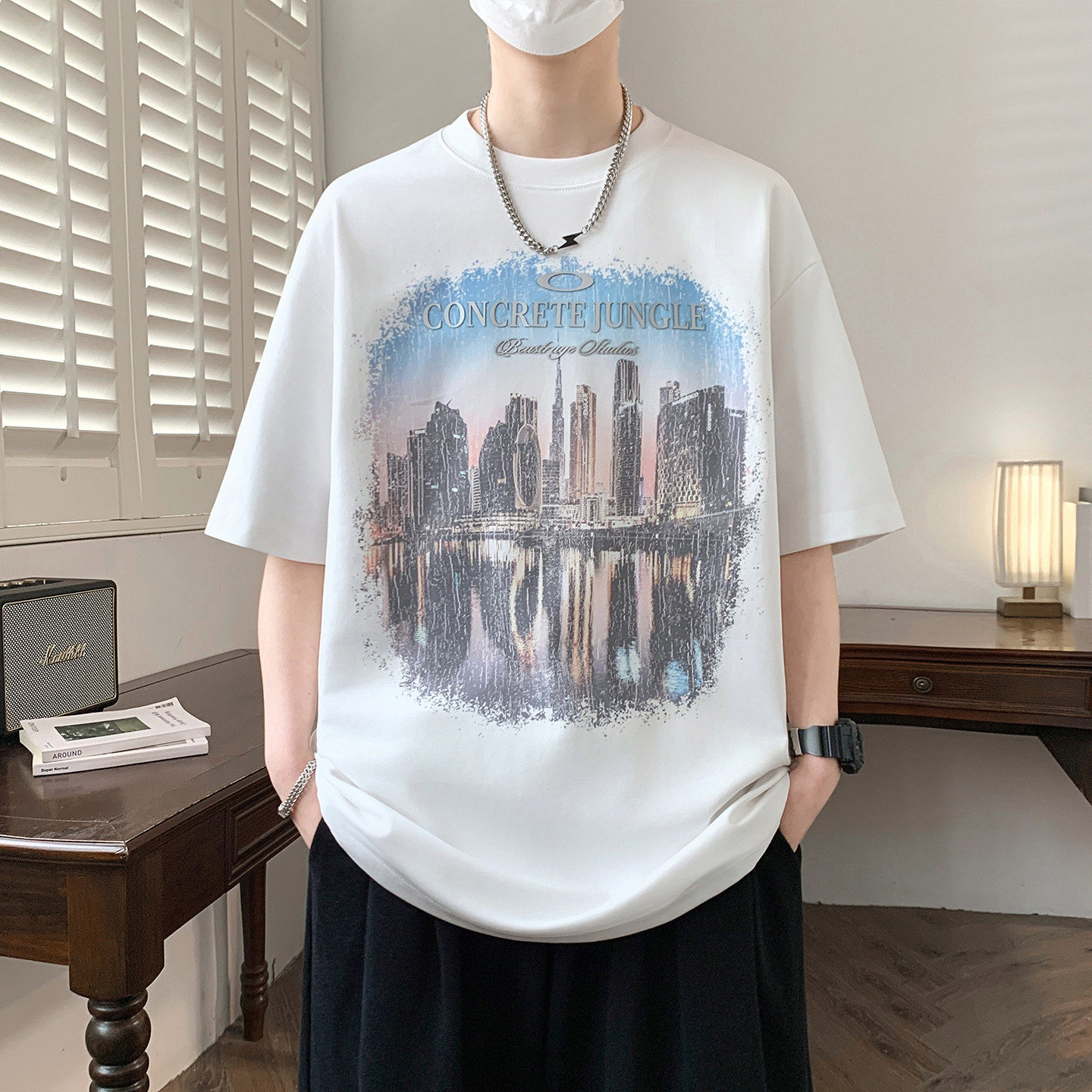 2026夏装青少年港风个性印花圆领短袖宽松有型舒适透气男生t恤