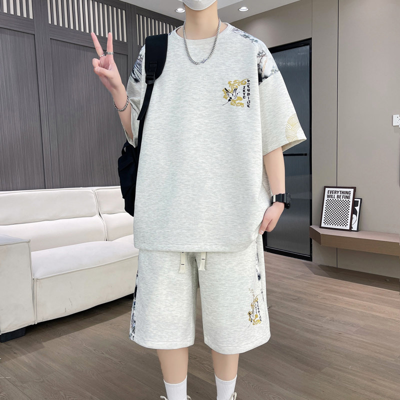 夏季新中式国风男生休闲套装国潮印花宽松短袖短裤潮牌个性两件套