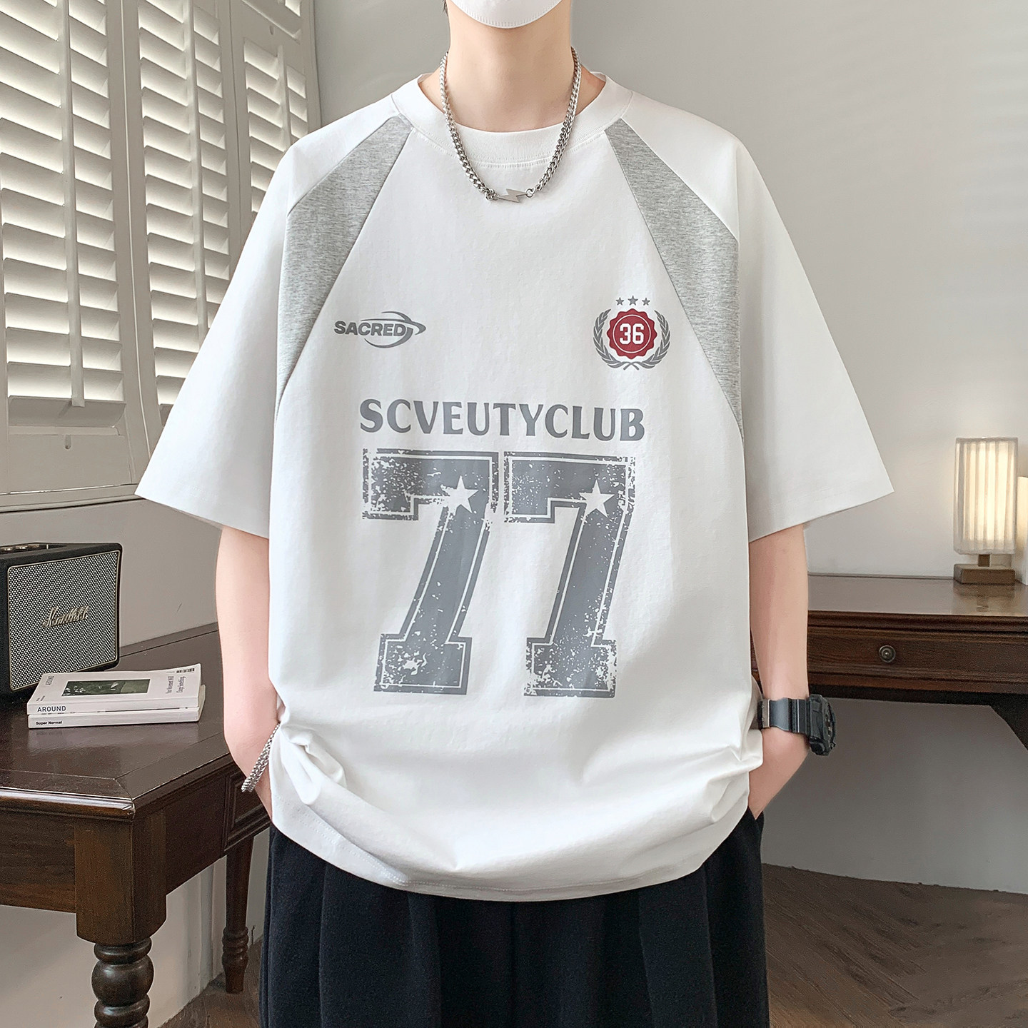 夏季运动风青少年酷帅个性男生短袖宽松透气时尚休闲百搭套头T恤