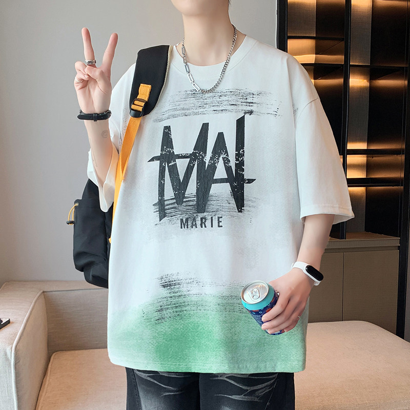 夏季潮牌个性短袖青少年扎染字母设计宽松落肩袖百搭男生圆领T恤