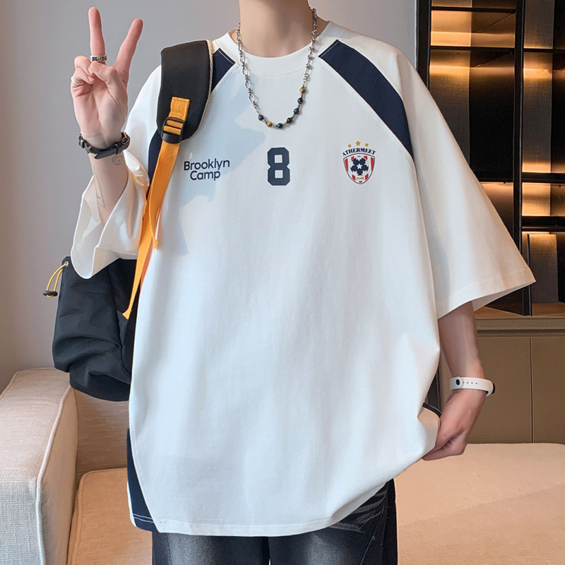 夏季重磅青少年美式运动风插肩短袖撞色个性潮流百搭男生宽松T恤