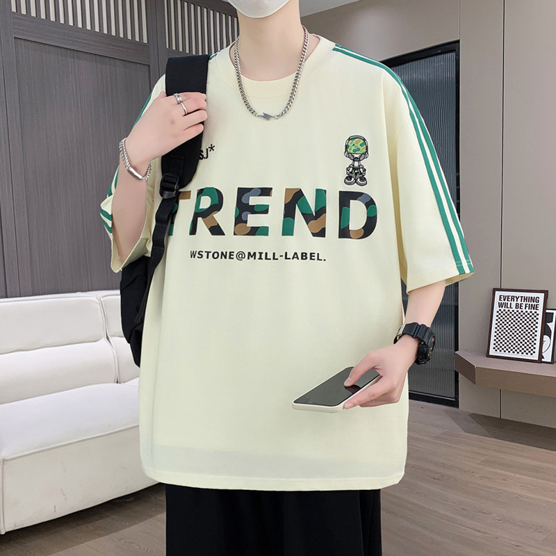 港风青少年夏季新款迷彩印花设计痞帅短袖个性条纹宽松百搭t恤