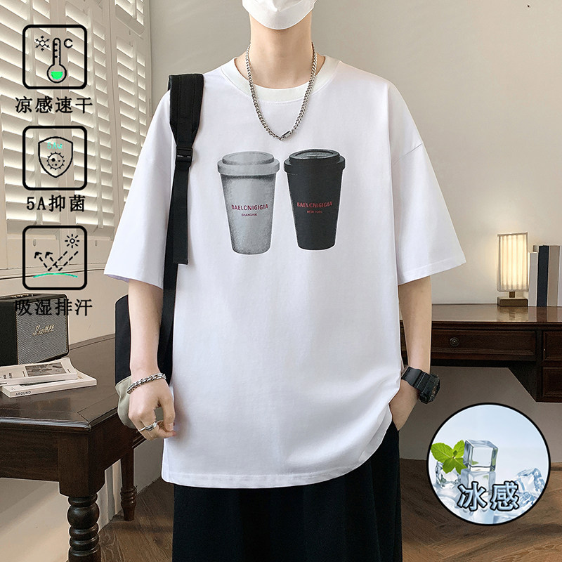 港风青少年夏季重磅款时尚圆领短袖个性印花装饰宽松舒适百搭短袖