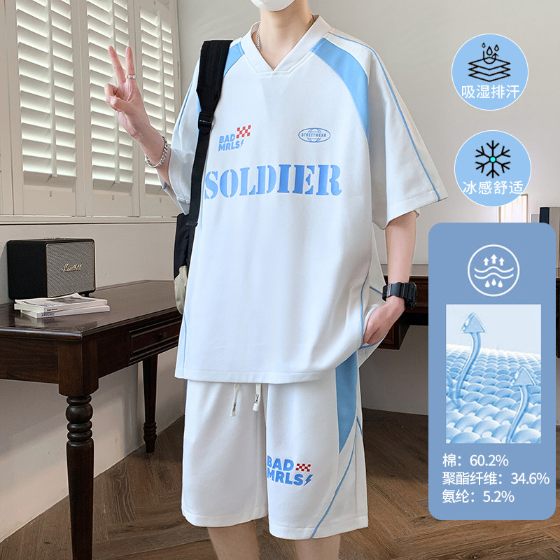 新款夏季薄款短袖套装2025男青少年潮流时尚宽松时尚休闲运动套装