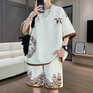 男士运动休闲夏季宽松潮流印花大码网红时尚百搭薄款帅气国潮套装