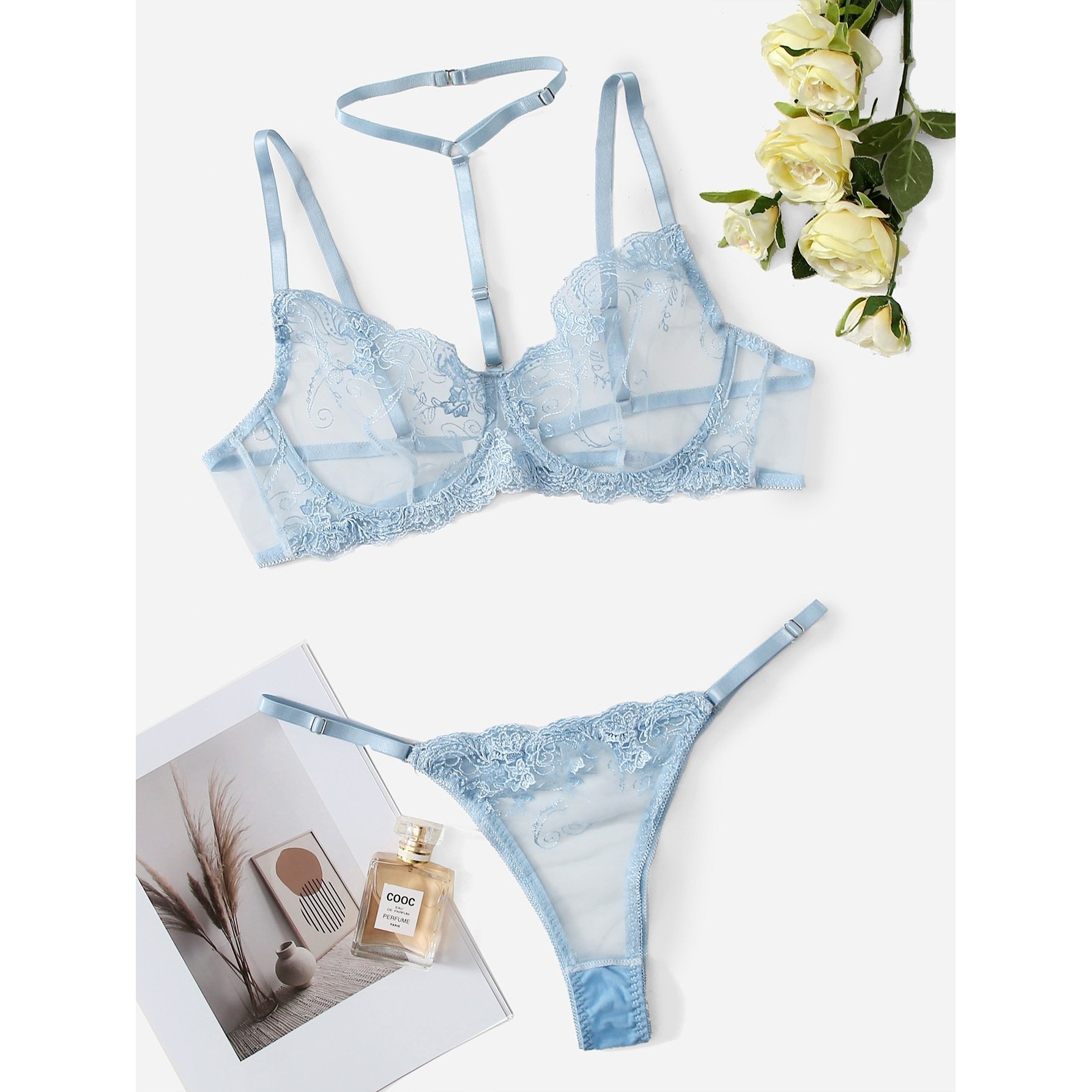 淡蓝色网纱花朵刺绣内衣性感带钢圈美背大胸显小性感透视挂脖胸罩,女士内衣/男士内衣/家居服,女丁字裤,淘宝优惠券,粉丝福利购,淘宝优惠卷