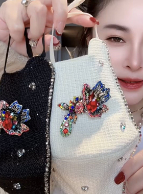 口罩女秋冬新款防寒保暖镶钻玫瑰花束带钻闪亮棉麻满天星网红面罩