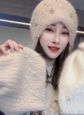 龙艺钩花镂空针织毛线帽女秋冬保暖护耳帽显脸小双层加厚