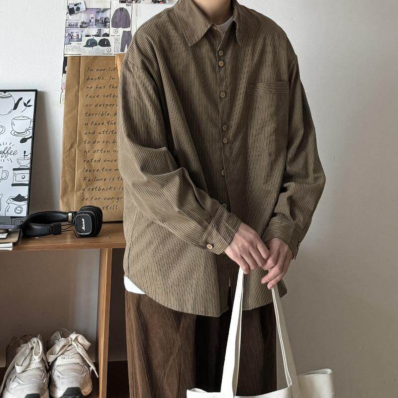 B东日系男装国潮少年感复古风条纹口袋翻领长袖衬衫宽松春秋外套
