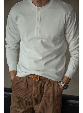 Me Blade美国覆古300克重量级亨利衬衫纯棉t恤长袖宽松底裤卡其色