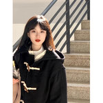 牛角扣黑色毛呢大衣女秋冬2025新款中长款小个子连帽呢子外套加厚