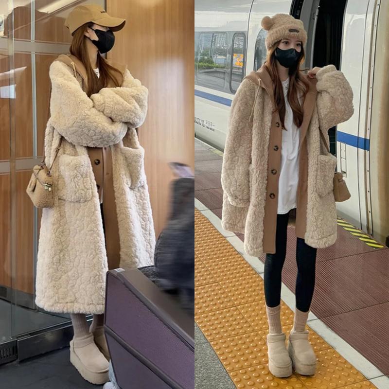 假两件中长款羊羔毛外套