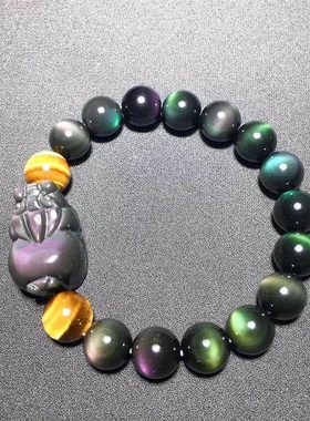 新品天然双彩虹眼黑曜石搭配直x孔小貔貅手链 黄虎圆珠单圈手串 H