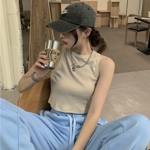 新品白色夏季薄款复古o美式圆领吊带上衣女夏bm露脐短款黑色外穿