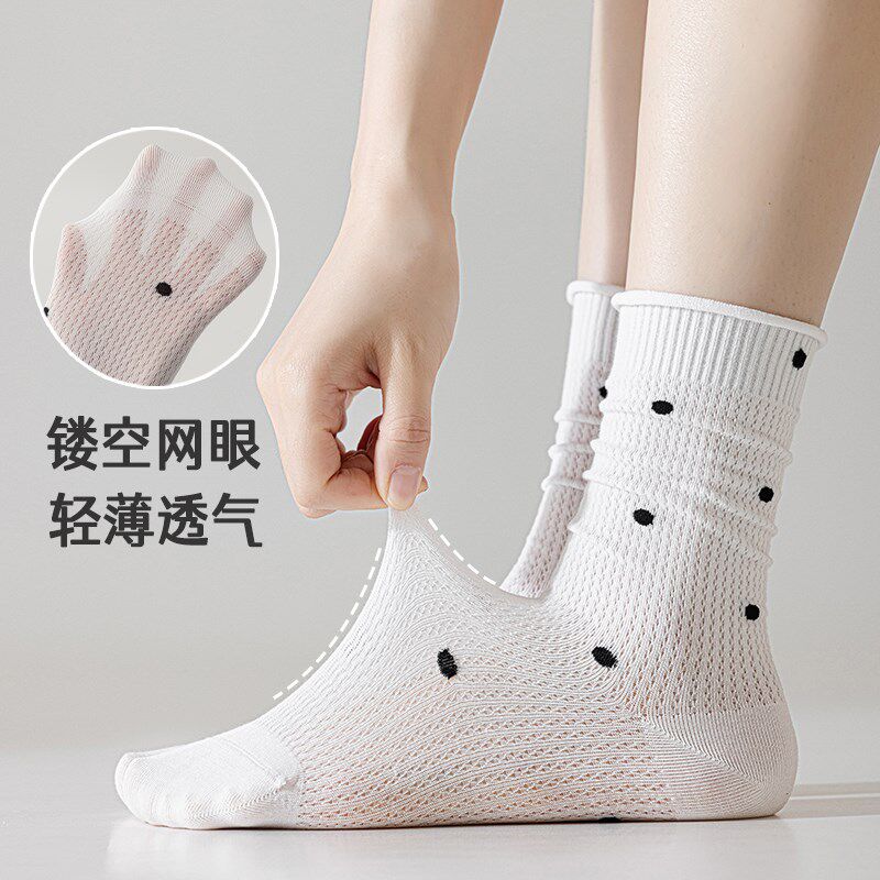 新品韩系波点卷边j纯棉无骨袜子女春夏季薄款网眼透气中筒长袜甜
