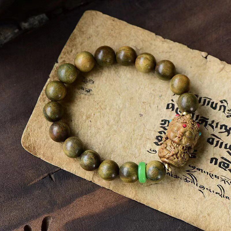 新品阿根廷天然绿檀手串搭配t度母守护神 10mm 淡淡香味 DS27