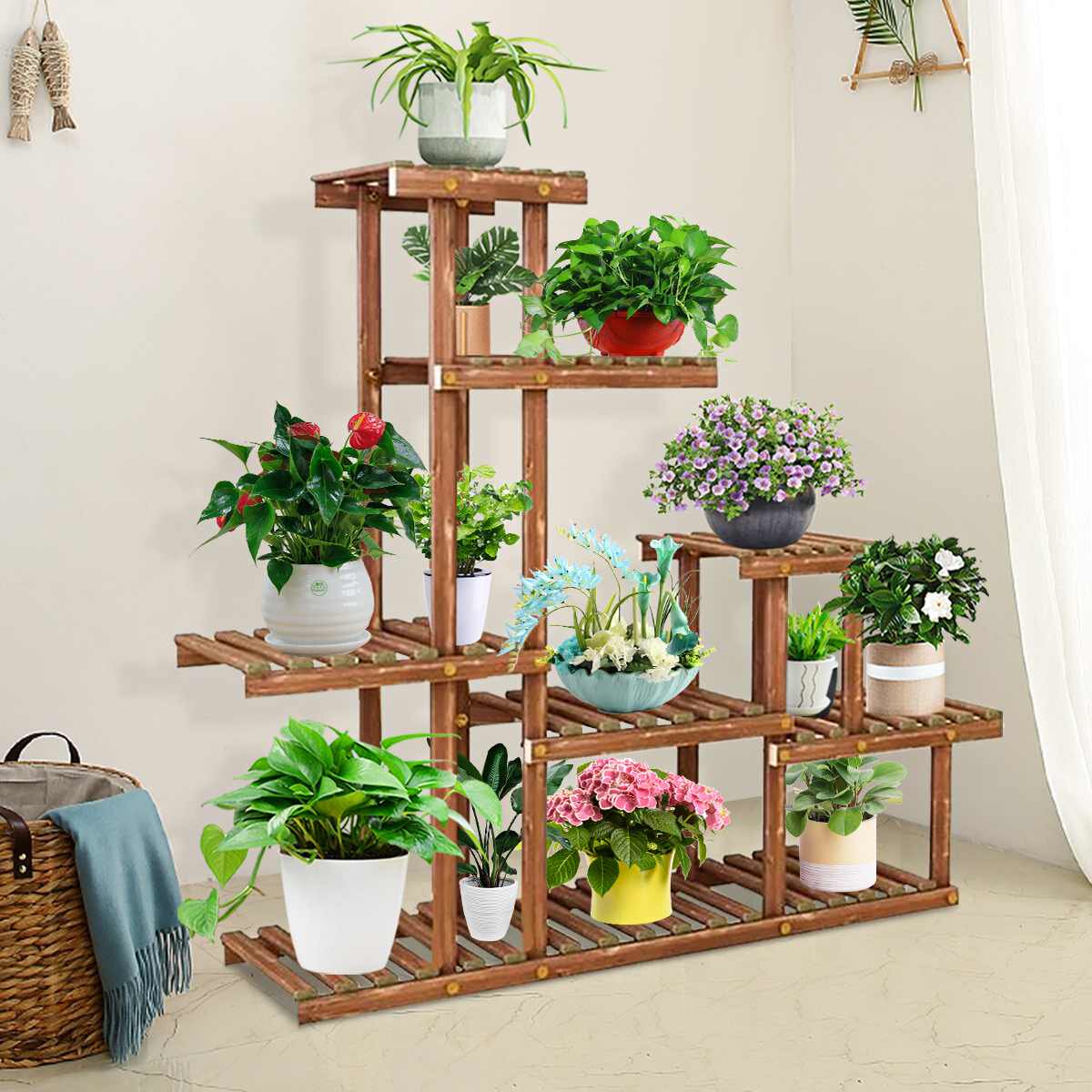 新品5 Tiers Wooden Flower Rack 97x25x98cm PlaPnt Stand Bonsa