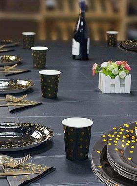 极速Black Gold Dot Tablecloth Tableware set ParRty Plates Cu
