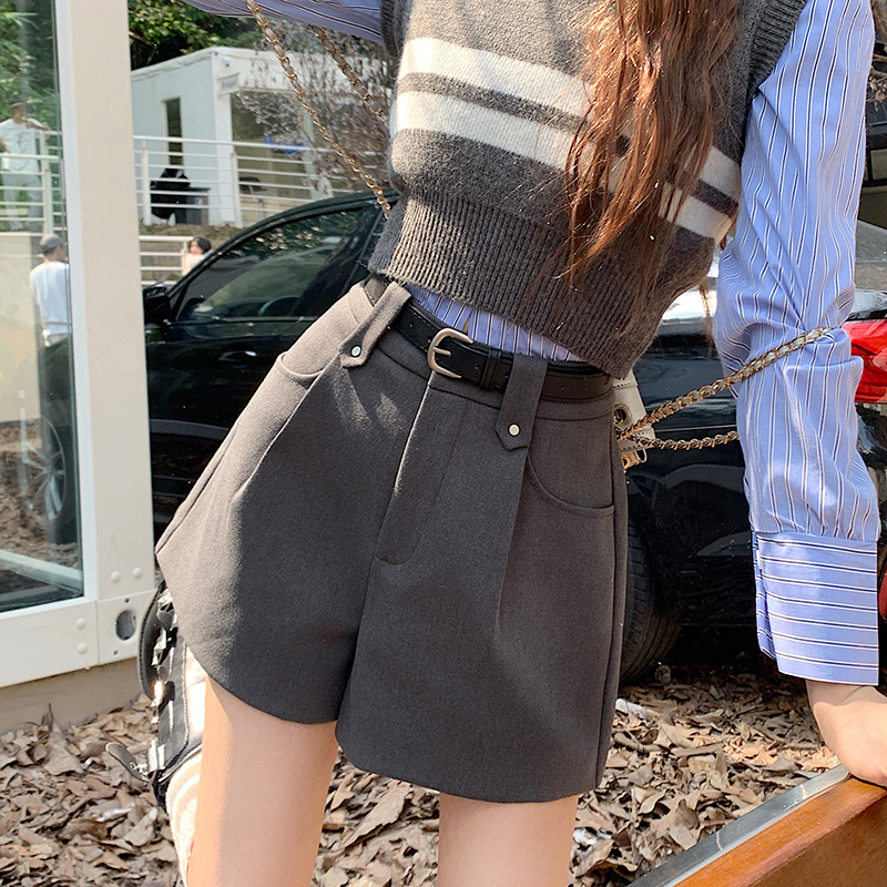 极速灰色毛呢西装裤女秋冬高腰a字阔腿短裤2023S新款小个子外穿靴