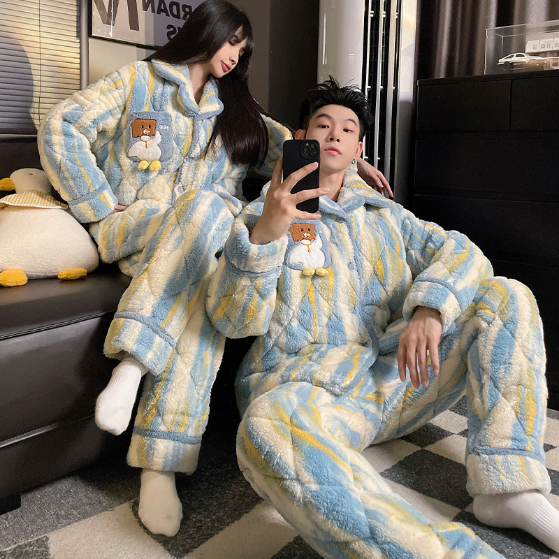新品情侣a睡衣女珊瑚绒冬季三层夹棉加绒加厚款可爱男士卡通家居