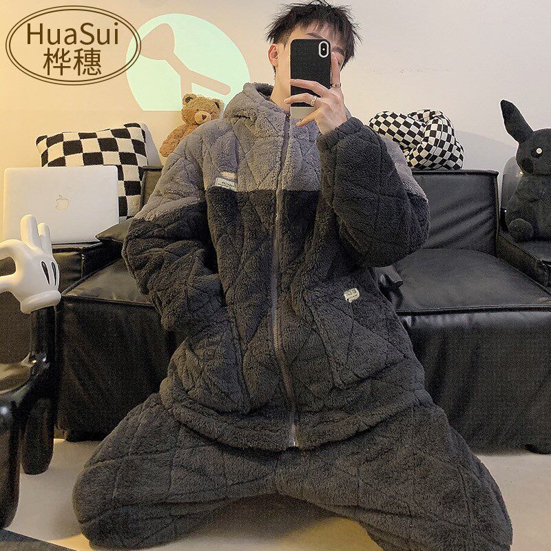 新品男士睡衣冬季珊瑚绒三层加厚加绒夹棉袄保暖法U兰绒休闲家居