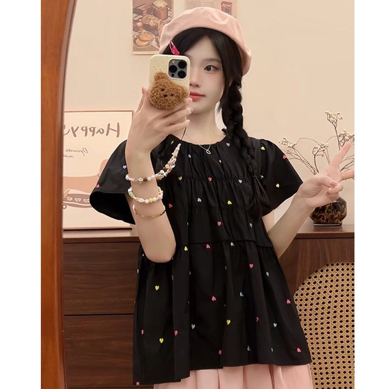 新品孕妇装夏装短袖上衣2025新款遮肚子不显怀刺绣U爱心娃娃衫减