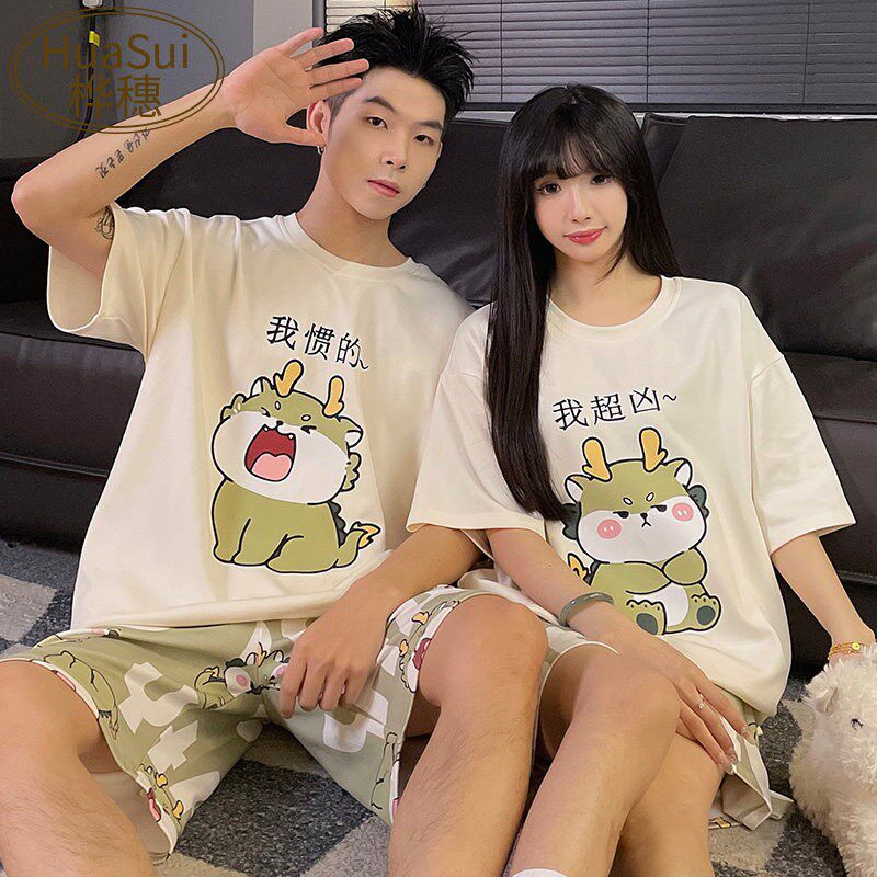 新品日系情侣睡衣女夏季纯棉短袖C短裤可爱套装薄款男士恐龙卡通