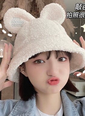 新品ins潮冬天毛绒帽r可爱盆帽女蝴蝶结日系甜美可爱帽子显脸小渔