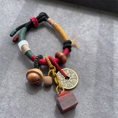 极速重工手编绳手链 搭配桃木铃铛 紫檀秤砣 山鬼花钱吊坠 TZY103