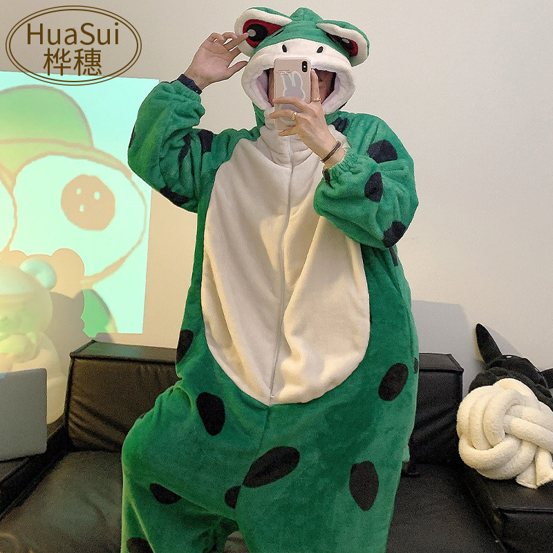 新品男士连体睡衣秋冬季法兰绒加厚F卡通青蛙少年保暖男款家居服