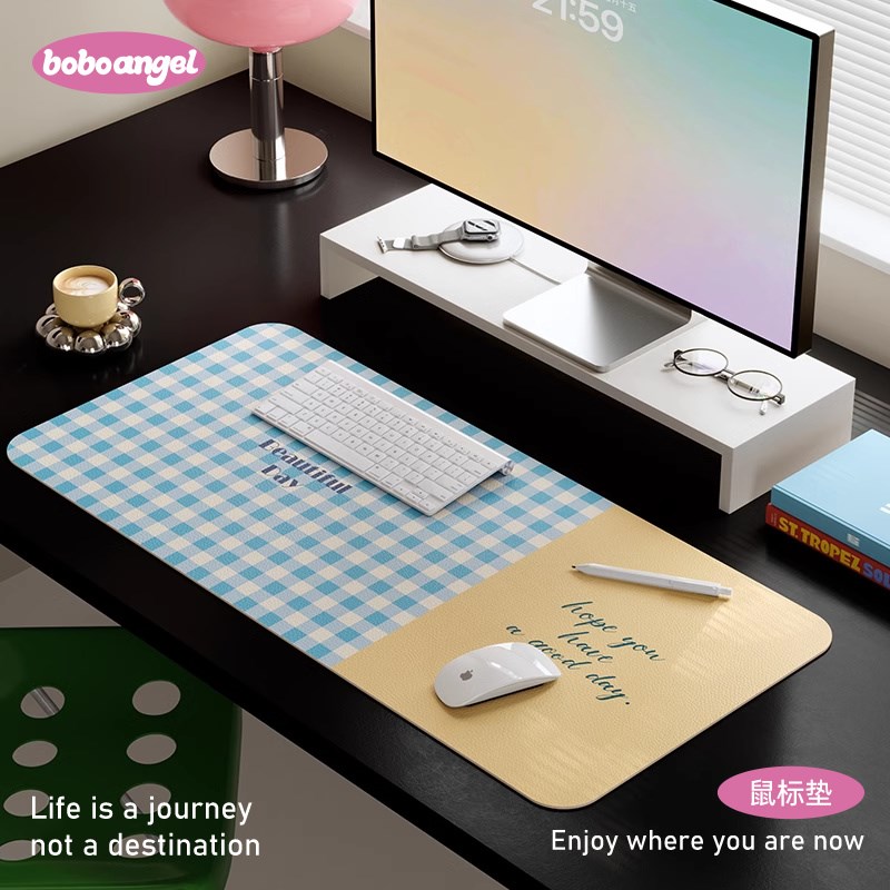 极速糖豆格子超大鼠标垫女生电脑游D戏键盘垫办公室防水防油皮革