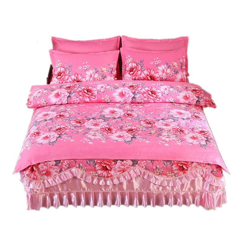 极速新款网红床裙式四件套活性磨毛E全棉简约大气床罩被套床上用