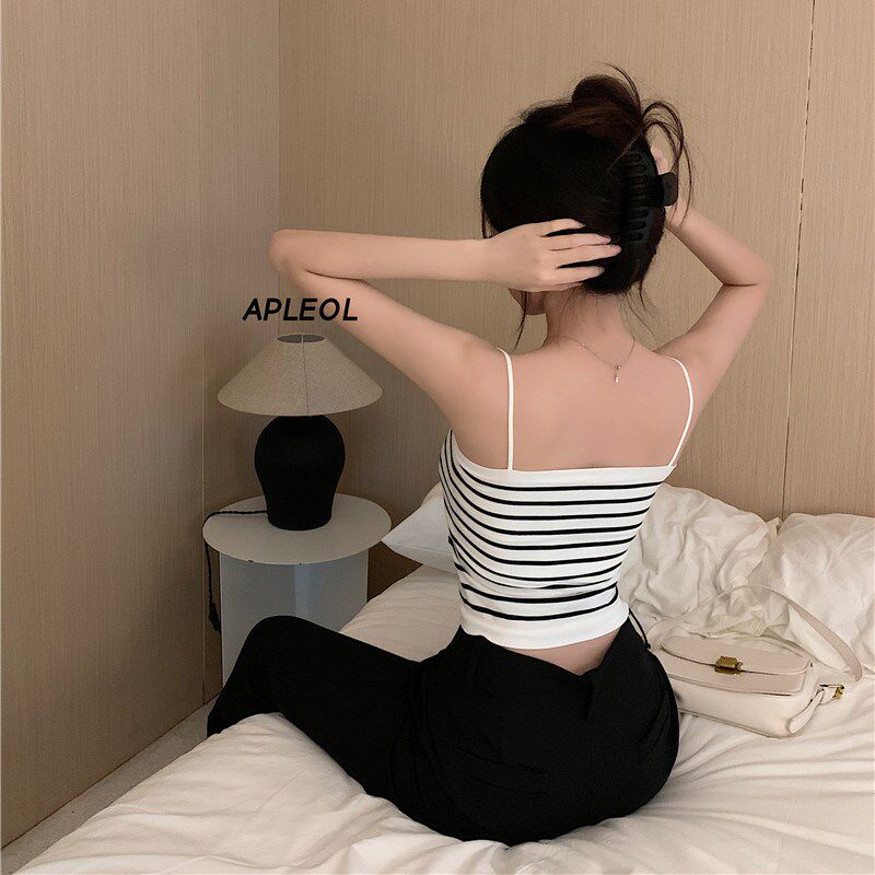 新品无袖上衣黑白条纹吊带背心女内搭打底夏M季外穿带胸垫一体短