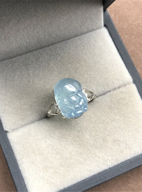 极速天然高d冰蓝海蓝宝貔貅戒指 白铜镀银活口 随机发货 Y1407