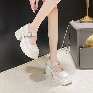 极速8cm玛丽珍婚鞋 一字扣粗跟防水台高 女婚纱神x器松糕厚底新娘鞋