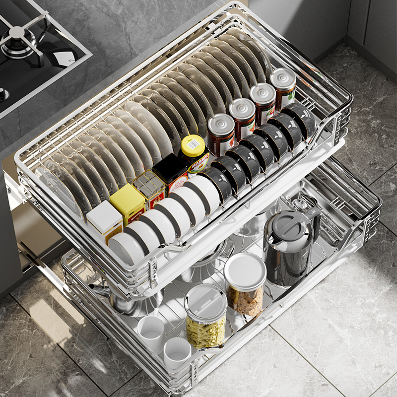 极速厨房橱柜拉篮304不锈钢抽屉式双层K碗碟架内置厨柜调味料碗柜