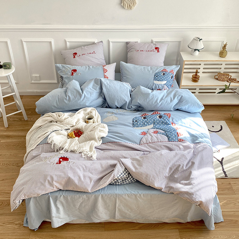 极速可爱恐龙全棉色织水洗棉四件套卡F通刺绣被套柔软透气儿童床,床上用品,床品套件/四件套/多件套,淘宝优惠券,粉丝福利购,淘宝优惠卷