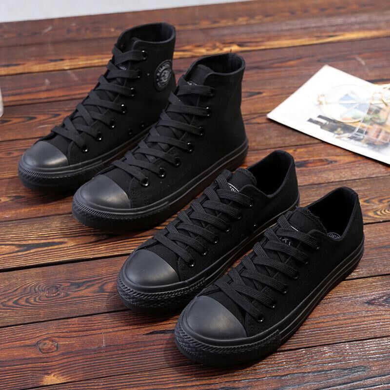 新品鞋子全黑色i女鞋帆布鞋情侣布鞋韩版平底工作鞋板鞋小黑鞋休