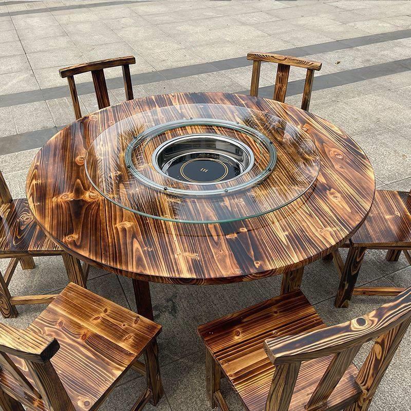 极速碳化实木火锅餐桌电磁炉一体商用折叠圆桌Q饭店大排档餐厅桌