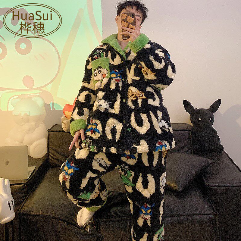 新品睡衣冬季男款珊瑚绒三层夹棉超厚加绒保暖卡通套X装冬天男士