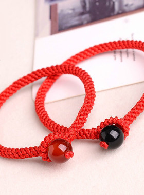 极速手工b编织中国红玉米结红黑玛瑙圆珠手绳男女款本命年红绳手