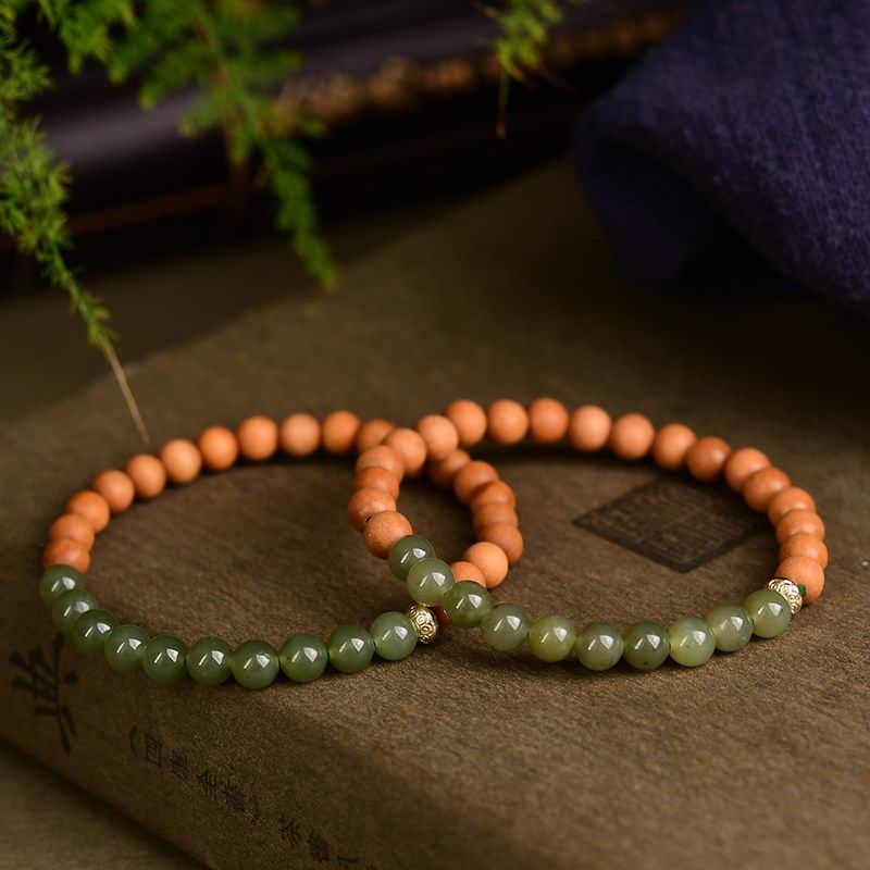 极速6mm老山檀圆珠单圈手链搭配和田玉存P在杂质 DS111